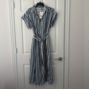 ZARA Blue and White Striped Shirt Dress with Tie Belt